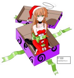 arm_warmers boots braid brown_hair christmas cleavage collar dazed dress empty_eyes etlabsotwe expressionless female_only femsub green_eyes hat long_hair original santa_hat text tights white_background
