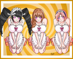 alerith alternate_costume alternate_hairstyle apron bare_legs black_hair breasts brown_hair celestia_ludenberg cleavage crossover dangan_ronpa female_only femsub fire_emblem fire_emblem_engage goldmary_(fire_emblem) happy_trance heart heart_eyes kneeling large_breasts legs long_hair looking_at_viewer maid multiple_girls multiple_subs naruto_(series) nintendo pink_hair sakura_haruno slippers smile stepfordization symbol_in_eyes twintails