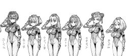 absurdres bodysuit braid breasts capcom double_hair_bun edel_(frieren:_beyond_journey&#039;s_end) ehre_(frieren:_beyond_journey&#039;s_end) empty_eyes enemy_conversion expressionless female_only femsub frieren:_beyond_journey&#039;s_end gauntlets hair_buns hat japanese_text kanne_(frieren:_beyond_journey&#039;s_end) large_breasts laufen_(frieren:_beyond_journey&#039;s_end) lawine_(frieren:_beyond_journey&#039;s_end) leotard military_hat multiple_girls multiple_subs ponytail saluting shadaloo_dolls short_hair side_ponytail simple_background standing standing_at_attention street_fighter text tie tousyoku translated twintails ubel_(frieren:_beyond_journey&#039;s_end) white_background