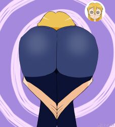  ass ass_focus bent_over blonde_hair cat_nap_(hypnolordx) clothed drool femsub from_behind glasses huge_ass hypnolordx jeans original signature spiral_background spiral_eyes symbol_in_eyes 
