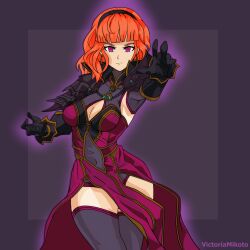  absurdres alternate_costume armor breasts celica_(fire_emblem) cleavage corruption empty_eyes enemy_conversion expressionless female_only fire_emblem fire_emblem_echoes glowing hair_band leotard looking_at_viewer nintendo orange_hair purple_eyes short_hair simple_background solo thighhighs victoriamikoto 