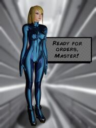  3d absurdres blonde_hair bodysuit cameltoe clothed dialogue dronification erect_nipples_under_clothes expressionless female_only femsub high_heels long_hair maledom metroid_(series) nintendo ponytail saltygauntlet samus_aran simple_background solo standing standing_at_attention text tight_clothing zero_suit 
