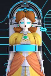 3d absurdres blue_eyes brown_hair crown dialogue dress earrings female_only femsub gloves heavy_eyelids jewelry long_hair nintendo open_mouth princess princess_daisy restrained solo speech_bubble super_mario_bros. tech_control text theheckle whitewash_eyes 