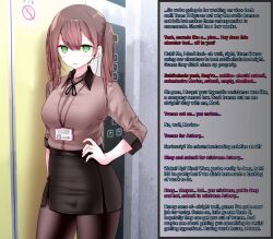  accidental_hypnosis animated animated_gif blush brown_hair caption dialogue female_only femsub humor julienne_(manipper) manip marisa_suzuki office_lady open_mouth original pantyhose skirt spiral_eyes subliminal symbol_in_eyes text twintails u_s_o_(artist) 