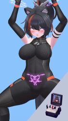 3d animal_ears animated arms_above_head bangs black_hair blue_background blue_eyes blush bodysuit cat_ears cat_girl crossed_eyes crotch_tattoo dazed dog_tags eye_roll female_only femsub gloves glowing hato_milk large_breasts multicolored_hair open_mouth opera_gloves orange_hair restrained simple_background solo spread_legs squatting sweat tattoo tech_control trembling video