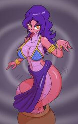  arm_bands bare_shoulders bra bracelet breasts dancer dancing eyeshadow female_only femdom forked_tongue furry large_breasts loincloth long_hair lotus_(incredibleintruder+gameboyred) makeup mythkaz orange_eyes original purple_hair scalie simple_background snake_girl solo spiral_background story tongue tongue_out 