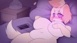 animal_crossing animated animated_gif bed chubby femsub furry holding_breasts huge_breasts isabelle_(animal_crossing) kaa_eyes lying napdust nintendo pendulum ponytail ring_eyes tail