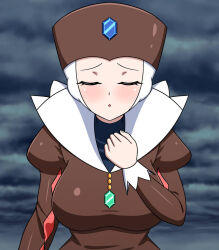alternate_costume blush breasts closed_eyes eyeshadow female_only femsub hat huge_breasts large_breasts light_skin nintendo nurse_joy pale_skin pokemon pokemon_(anime) yensh