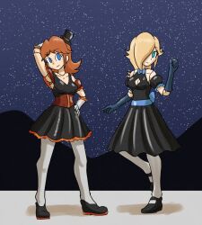 blonde_hair dress empty_eyes hair_covering_one_eye mannequin mythkaz nintendo posing princess princess_daisy princess_rosalina red_hair super_mario_bros. tagme