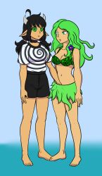  ahoge barefoot black_hair breasts character_request clothed crotch_rub elf_ears feet female_only femsub fingering flower flower_in_hair gradient_background green_eyes green_hair horns katsiika katsiika_(katsiika) long_hair open_mouth original short_hair simple_background skirt spiral_eyes standing twintails yuri 