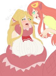 ahegao animal_ears asphyxiation blonde_hair blush bondage breasts centaur centorea_shianus coils drool elf_ears erect_nipples female_only femdom femsub huge_breasts hypnotic_eyes kaa_eyes long_hair miia_(monster_musume) monster_girl monster_musume naga_girl open_mouth plsgts red_hair simple_background smile snake_girl tongue tongue_out white_background