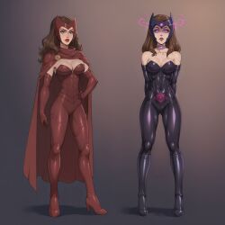 ai_art bare_shoulders before_and_after blue_eyes brown_hair cape cleavage collar collarbone erect_nipples erect_nipples_under_clothes expressionless female_only femsub hypnotic_accessory long_hair marvel_comics solo tagme tech_control wanda_maximoff
