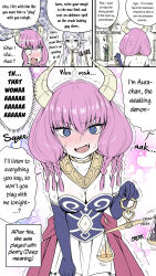  absurdres aura_(frieren:_beyond_journey&#039;s_end) aware bangs bare_shoulders blue_eyes blush braid breasts cleavage comic demon_girl dialogue earrings elf elf_ears embarrassed fangs femdom femsub frieren frieren:_beyond_journey&#039;s_end gloves hard_translated heart horns kyouka_asuka_(asatteka_1111) long_hair male_pov open_mouth opera_gloves pov ring_eyes sweat tears text translated trembling twintails white_hair 