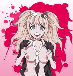 absurdres blonde_hair breasts dangan_ronpa erect_nipples female_only femsub huge_breasts junko_enoshima looking_at_viewer open_clothes open_mouth open_shirt school_uniform smile solo spiral spiral_eyes sweetlittleneko symbol_in_eyes tie tongue tongue_out