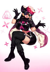  boots breasts callie_(splatoon) cleavage crop_top crossed_legs earrings elf_ears female_only femsub garter_straps gloves hat hypnoshades hypnotic_accessory latex littleblood midriff nintendo open_mouth posing shirt signature sitting skirt smile solo sparkle splatoon splatoon_2 tagme tattoo tech_control thighhighs twintails very_long_hair white_background 