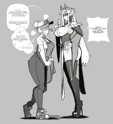  angry apron boots clerk_girl_(darkhatboy) darkhatboy dialogue erect_nipples erect_nipples_under_clothes female_only femdom femsub greyscale hat high_heels horns large_breasts long_hair mommy original pants queeny_(darkhatboy) sneakers speech_bubble text 