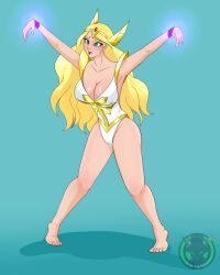 absurdres arms_above_head blonde_hair bondage breasts cameltoe cleavage dazed drool empty_eyes femsub large_breasts long_hair magic nipples open_mouth pussy_juice restrained she-ra she-ra_and_the_princesses_of_power spread_eagle spread_legs tagme theneko 
