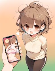 ai_art bangs blush brown_eyes brown_hair color confused dazed eyebrows_visible_through_hair femsub freckles gradient_background messy_hair midriff navel open_mouth pants phone pov_dom spiral_eyes sweater tight_clothing unaware unfocused_eyes yodayo_(ai) 