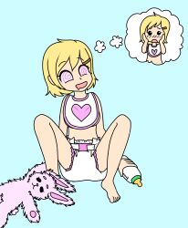 age_regression barefoot blonde_hair bottle diaper female_only femsub happy_trance open_mouth original pastel-hime sammy_(bestsammy) short_hair sitting solo spiral_eyes stuffed_animal symbol_in_eyes thepuptart thought_bubble