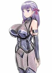 breasts collar empty_eyes expressionless fate/stay_night fate_(series) femsub gloves hair_ribbon huge_breasts opera_gloves pantyhose purple_eyes purple_hair ribbon sakura_matou standing standing_at_attention white_background