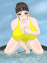 blush breasts chouriki_sentai_ohranger cleavage corruption headband huge_breasts knife oh_yellow one-piece_swimsuit outdoors super_sentai swimsuit water weapon