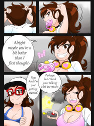 brown_hair cleavage comic dialogue glasses goggles hat kobi94 lab_coat large_breasts long_hair pacifier ponytail raygun remote_control speech_bubble text