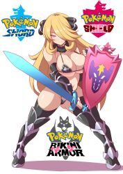  armor bikini bikini_armor blonde_hair blush boots breasts cleavage clothed_exposure cynthia female_only femsub gloves hair_covering_one_eye happy_trance humor icontrol_(manipper) konno_tohiro large_breasts looking_at_viewer manip micro_bikini navel nintendo opera_gloves panties pokemon pokemon_diamond_pearl_and_platinum shield smile solo spiral_eyes sword symbol_in_eyes text thigh_boots thighhighs underwear very_long_hair weapon 