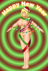absurdres ava_(mindcollector13) blonde_hair bluebullpen bottomless breasts brown_hair christmas empty_eyes female_only femsub happy_trance hat large_breasts nude santa_hat smile text topless