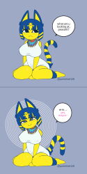 animal_crossing ankha_(animal_crossing) before_and_after blush cat_girl erect_nipples eye_roll female_only femsub furry happy_trance kneeling nintendo smile spiral spiral_background spiral_eyes tail text yumiiart 