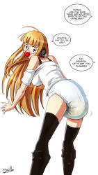  age_regression ahoge boots dialogue diaper futaba_sakura glasses headphones leggings long_hair orange_hair pacifier persona_(series) persona_5 scat sketchmandl speech_bubble text unaware 