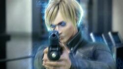  3d absurdres angry blonde_hair femsub glowing_eyes gun hypnotized_dom leather maledom mindjack possession pov_sub rebecca_weiss short_hair sweater tech_control tomboy unaware video_game 
