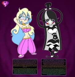  aged_up arms_above_head black_hair breasts character_profile charlotte_emily crossover dancer dancing earrings english_text femsub five_nights_at_freddy's gurren_lagann happy_trance harem_outfit hypnoscream large_breasts long_hair looking_at_viewer midriff multicolored_hair navel nia_teppelin platinum_blonde_hair puppet_(fnaf) smile spiralwash_eyes straight-cut_bangs tagme text white_hair 