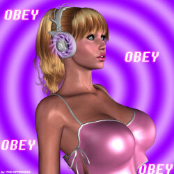 3d blonde_hair blue_eyes breasts cleavage collarbone female_only femsub headphones huge_breasts hypnoman long_hair original pink_lipstick solo spiral tech_control text