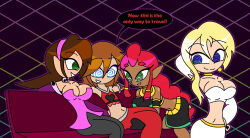 aged_up alternate_costume arms_above_head arms_behind_back blonde_hair breasts breath_of_the_wild brown_hair capcom choker crossover dancer dancing dark_skin dialogue disney earrings english_text femdom gerudo happy_trance harem_outfit hypnoscream kingdom_hearts large_breasts long_hair looking_back makeela_riju malesub megaman_(series) megaman_legends_(series) midriff multiple_doms namine navel nintendo red_hair sitting smile sora speech_bubble square_enix tears_of_the_kingdom text the_legend_of_zelda tron_bonne