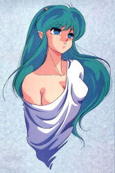 bare_shoulders blue_eyes bottomless breasts collarbone couple_of_dragons_(manipper) elf_ears empty_eyes eyebrows_visible_through_hair eyelashes eyeshadow female_only femsub green_hair horns large_breasts long_hair lum manip nakajima_atsuko simple_background solo undressing unfocused_eyes urusei_yatsura