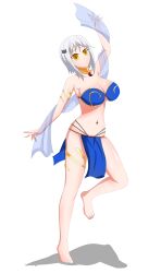 absurdres bare_shoulders barefoot breast_expansion breasts cleavage dancer dancing empty_eyes harem_outfit high_school_dxd koneko_toujou large_breasts midriff navel_piercing short_hair soex white_background white_hair yellow_eyes