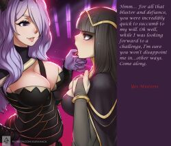 black_hair breasts camilla_(fire_emblem_fates) cleavage dazed empty_eyes female_only femdom femsub fire_emblem fire_emblem_awakening fire_emblem_fates grima180_(manipper) large_breasts long_hair magic manip nintendo open_mouth purple_hair text tharja tongue tongue_out very_long_hair yuri