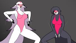  anouras bare_shoulders bird_girl haigure helluva_boss leotard octavia_(helluva_boss) pink_hair squatting stella_(helluva_boss) unhappy_trance 