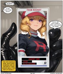  ai_art blonde_hair devianbar dialogue domino_(pokemon) large_breasts latex long_hair mela_(pokemon) nintendo pokemon short_hair team_rocket text 