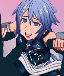 aqua_(kingdom_hearts) blue_eyes blue_hair bukkake cum cum_in_mouth cum_on_clothes cum_on_face cum_on_hair disney double_handjob femsub happy_trance heart_eyes heterosexual kingdom_hearts maledom multiple_boys multiple_penises penis short_hair square_enix stand-by symbol_in_eyes