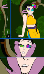  black_hair chichi clothed coils colorrings comic confused cum cum_on_body cum_on_hair disney dragon_ball dragon_ball_z dress femsub hair_buns kaa kaa_eyes maledom midriff milf smile snake snake_penis tail the_jungle_book 