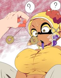 blonde_hair breasts breath chicken_rib coin confused crop_top dark_skin elf_ears erect_nipples_under_clothes femsub frye_(splatoon) gradient_background hair_ornament large_breasts light_skin nintendo open_mouth pendulum shiver_(splatoon) short_hair simple_background speech_bubble spiral_eyes splatoon splatoon_3 spread_legs sweat tongue tongue_out yellow_eyes