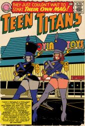 breasts cover dc_comics female_only femsub green_sclera happy_trance high_heels huge_breasts maggotmike orange_skin pale_skin purple_hair raven red_hair short_hair smile starfire teen_titans text thigh_boots wind-up_key