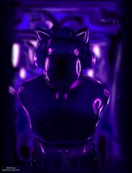 absurdres bodysuit breasts fake_animal_ears female_only female_pov femsub gas_mask glowing harness headphones helmet hexcorp_(sleepystephbot) latex original personagirlincolor_(artist) rubber standing standing_at_attention tagme