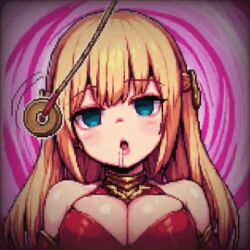  ai_art animated animated_gif blonde_hair cleavage drool empty_eyes expressionless hellsing002_(generator) large_breasts pixel_art spiral_background 
