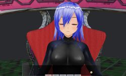  3d blue_hair bodysuit chair closed_eyes custom_maid_3d_2 erect_nipples erect_nipples_under_clothes expressionless female_only femsub restrained short_hair sitting solo swallow774 text 
