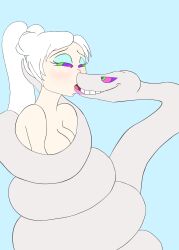 absurdres blush bondage bottomless breasts coils colorrings dazed femsub hypnotic_eyes kaa_eyes manip nude open_mouth ponytail rwby simple_background snake thom_(colorist) topless weiss_schnee white_hair