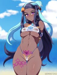  absurdres arms_behind_back beach black_hair blue_hair blush breasts cameltoe crotch_tattoo dark_skin earrings empty_eyes expressionless female_only femsub long_hair looking_at_viewer ludinsketches multicolored_hair navel nessa_(pokemon) nintendo open_mouth pokemon pokemon_sword_and_shield purple_eyes solo sweat swimsuit tattoo underboob 