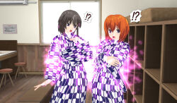 3d 3d_custom_girl brown_hair clothed glowing kimono multiple_girls orange_hair original