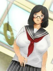 black_hair blush breasts coin expressionless female_only femsub glasses gok large_breasts open_mouth original pendulum school_uniform short_hair